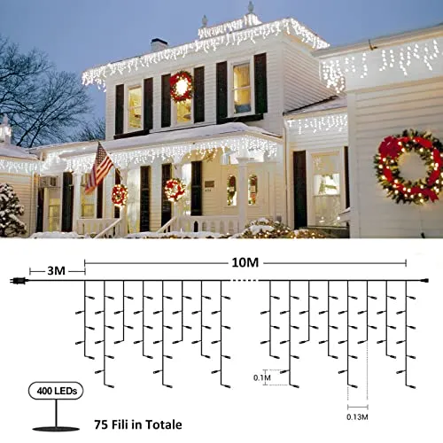 Zorela Luci Natale Esterno Cascata 10M 400 LED Tenda Luminosa Esterno Natale Prolungabile Luci di Natale Cascata di Stalattiti c